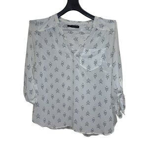 Maurices Womens Blouse Size XL White/Black Geometric Sheer Roll Tab Sleeve Top